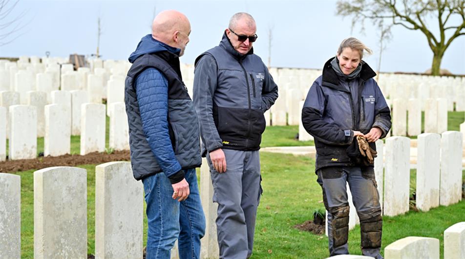 Fisher-Tomlin (left), CWGC horticulture manager Steve Arnold (centre) and horticulture supervisor Emmanuelle Courchel (right)